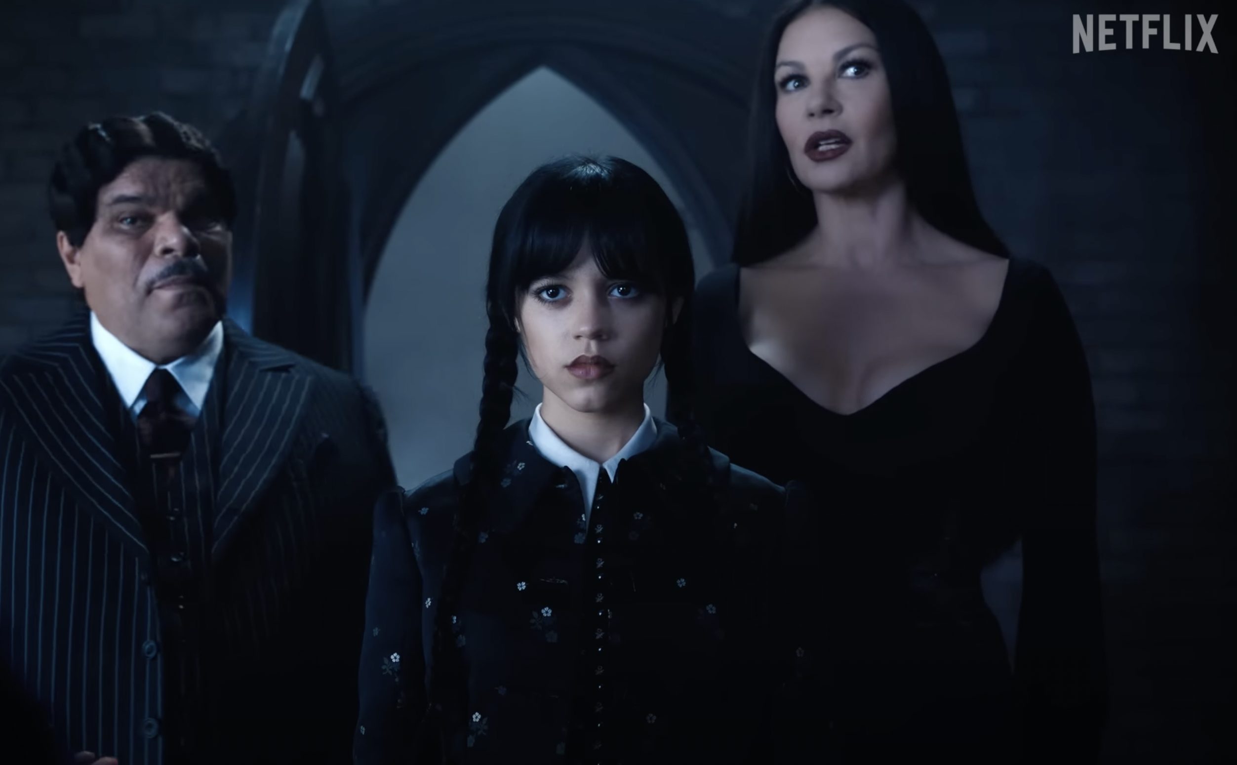Screenshot from the trailer of the show featuring Wednesday, Morticia and Gomez Addams